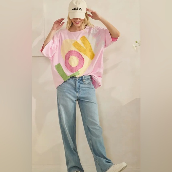 Sage + Fig Tops - Casual Pink LOv Colorblock Short Sleeve Tee